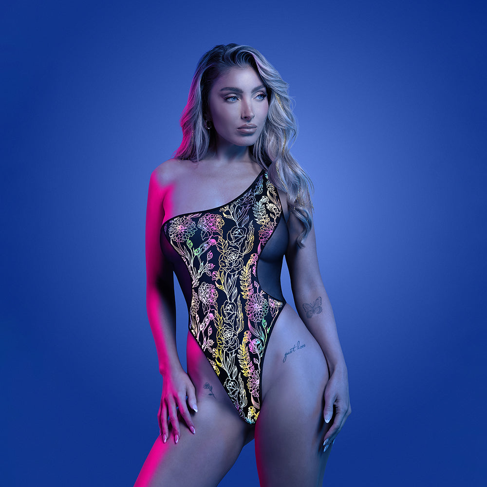 Fantasy Lingerie Glow Luminescent Floral Print One-Shoulder Teddy S/M-1